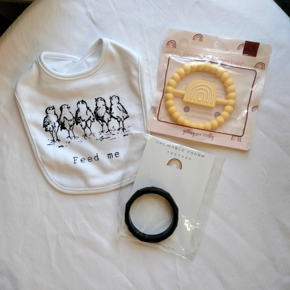 Funny "Feed Me" Baby Gift Set. Bib, Rainbow Teether, and Bracelet Teether